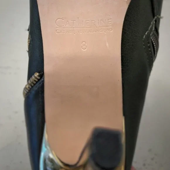 CATHERINE MALANDRINO Gold Stiletto Heel Zipper Detail Olive Green Ankle Boot Sz8 - Picture 5 of 12